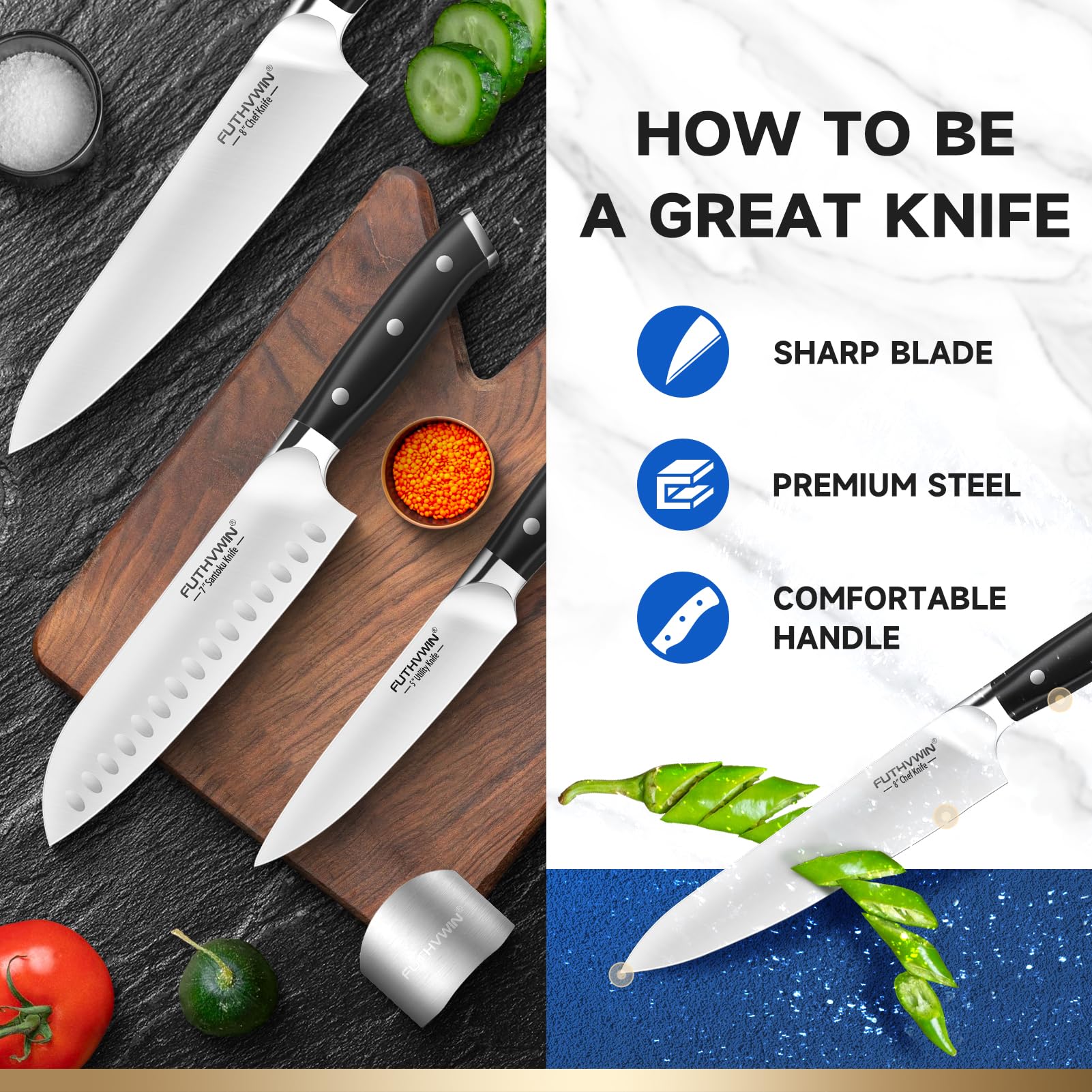 FUTHVWIN Kitchen Knives 3PCS Ultra Sharp Chef Knives, Premium German Stainless Steel Kitchen Knife Set and Finger Guard, Professional Chef Knife Set for Kitchen, Ergonomic Handle and Gift Box