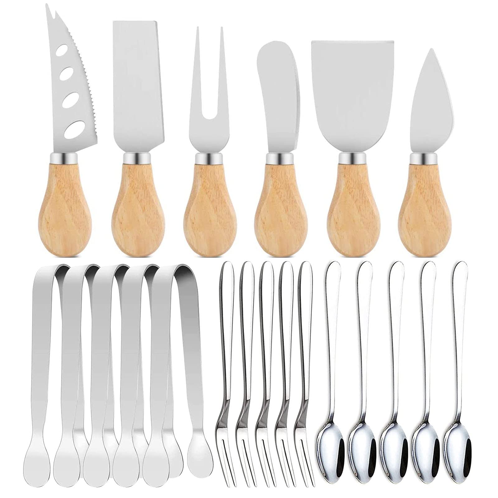 21Pcs/Pack Spreader Knife Set,Cheese Butter Spreader Knife Cheese Slicer Knife Stainless Steel Blade with Wooden Handles Mini Serving Tongs Spoons and Forks (Option 1)