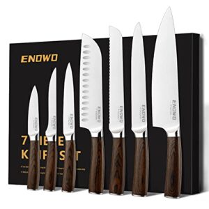 enowo chef knife set, 7 piece kitchen knife set with widened blade & pakkawood handle, high carbon stainless steel knives set for kitchen