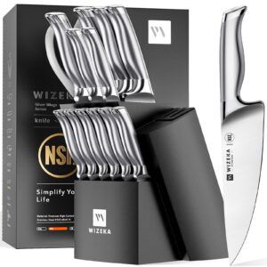 wizeka kitchen knife set with block, 15pcs dishwasher safe knife block set with sharpener, one-piece german stainless steel kitchen knives, silver wings series, best gifts for him her