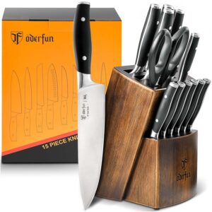 kitchen knife set with block, 15pcs full tang knife block set, high carbon stainless steel knife set with built-in sharpener, professional knives set for kitchen with gift box