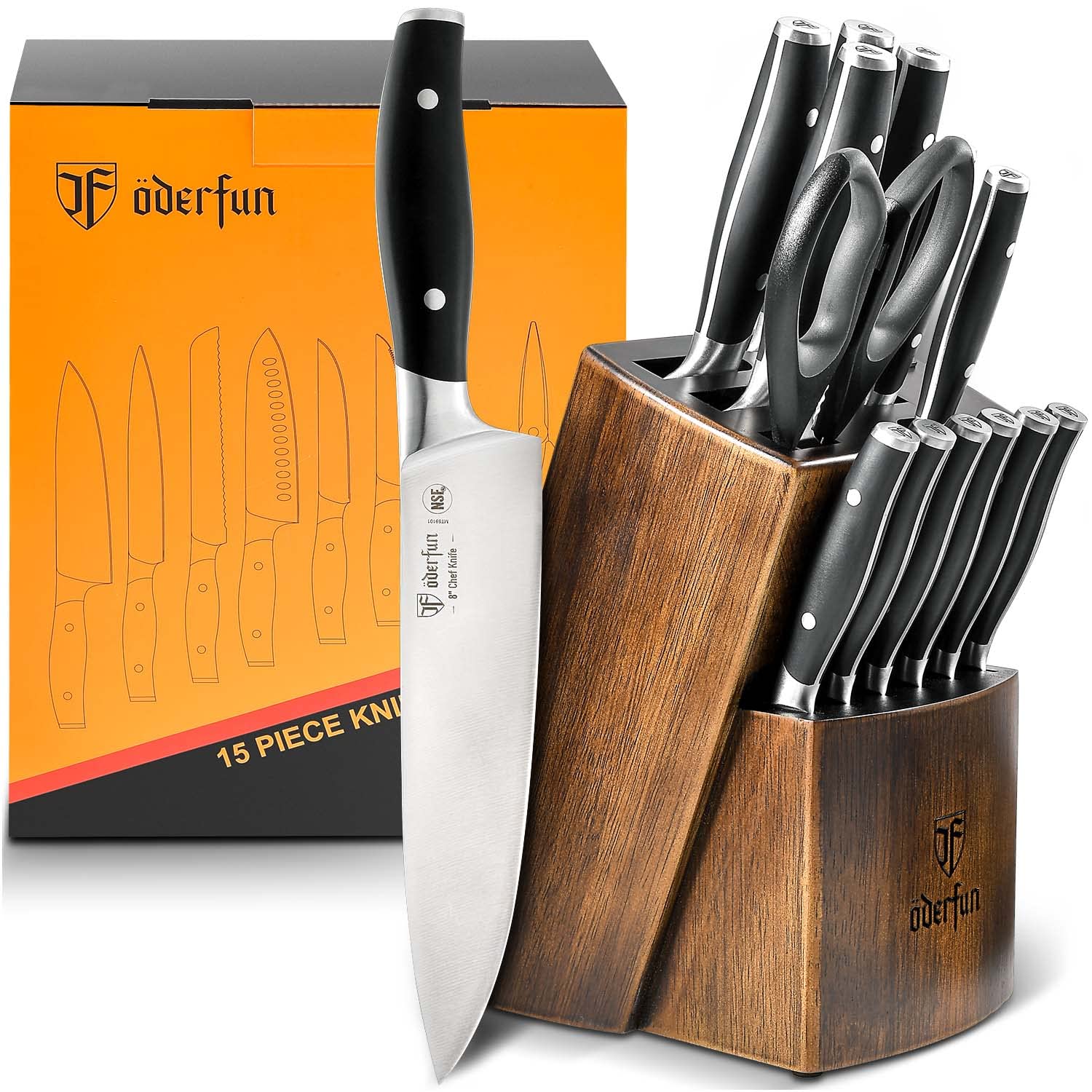 Kitchen Knife Set with Block, 15PCS Full Tang Knife Block Set, High Carbon Stainless Steel Knife Set with Built-in Sharpener, Professional Knives Set for Kitchen with Gift Box