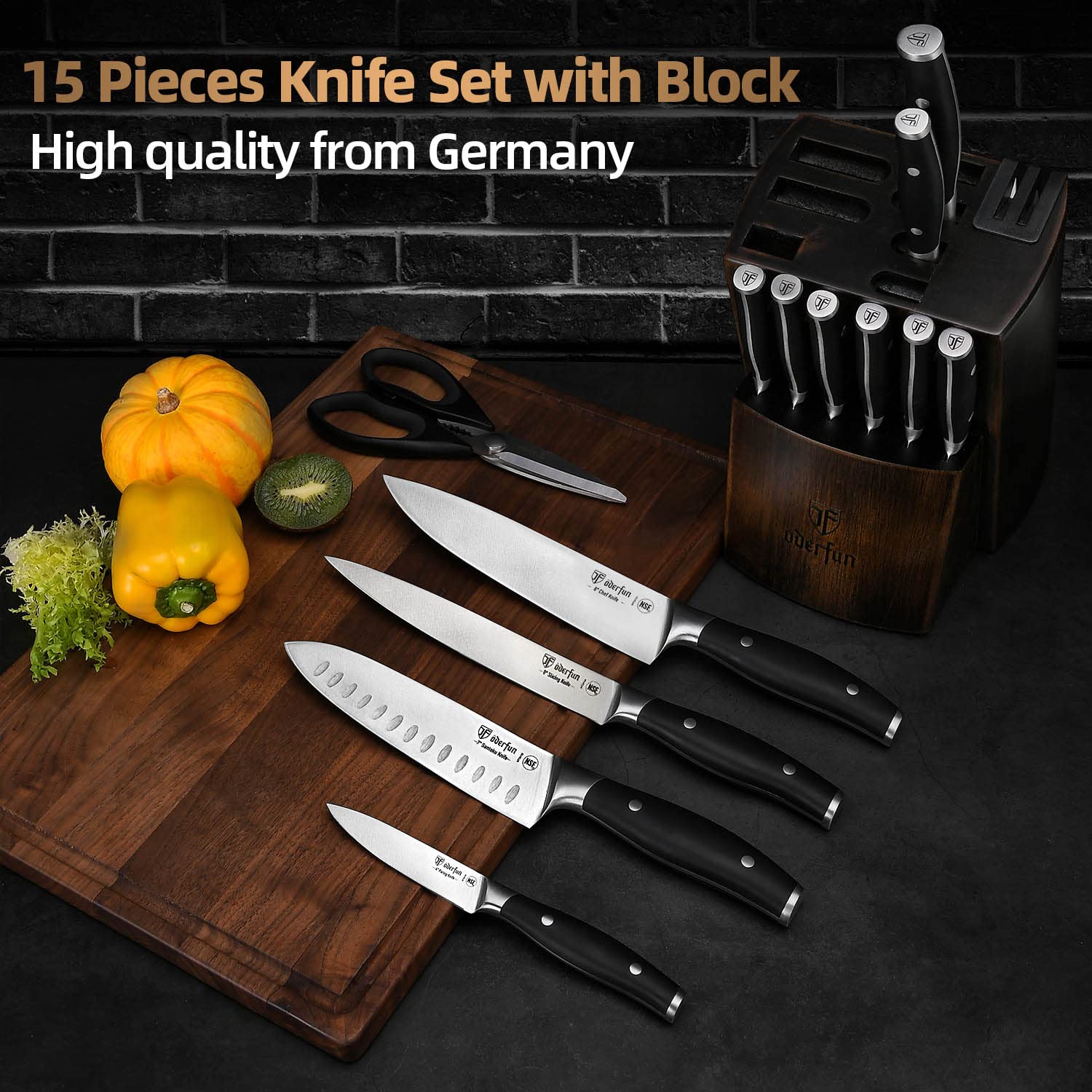 Kitchen Knife Set with Block, 15PCS Full Tang Knife Block Set, High Carbon Stainless Steel Knife Set with Built-in Sharpener, Professional Knives Set for Kitchen with Gift Box