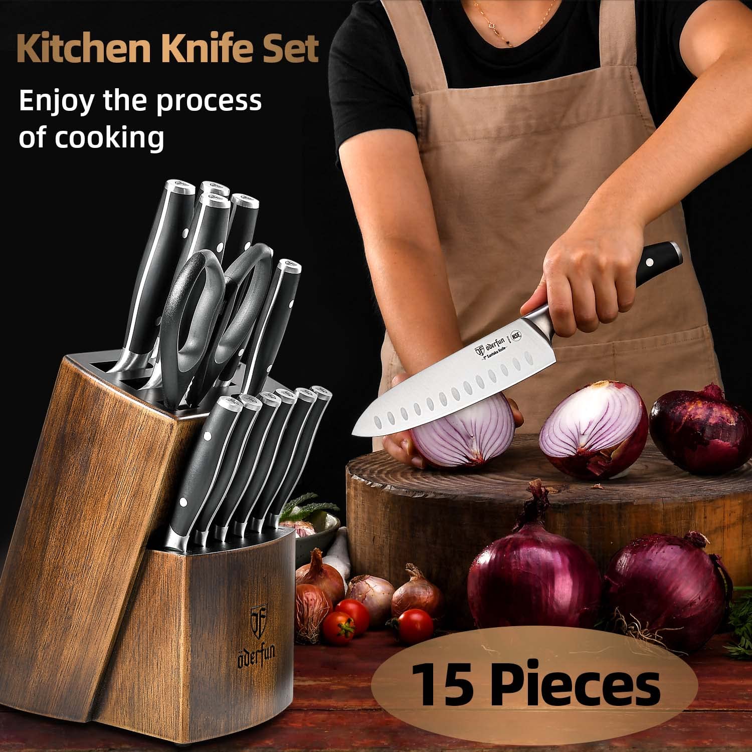 Kitchen Knife Set with Block, 15PCS Full Tang Knife Block Set, High Carbon Stainless Steel Knife Set with Built-in Sharpener, Professional Knives Set for Kitchen with Gift Box