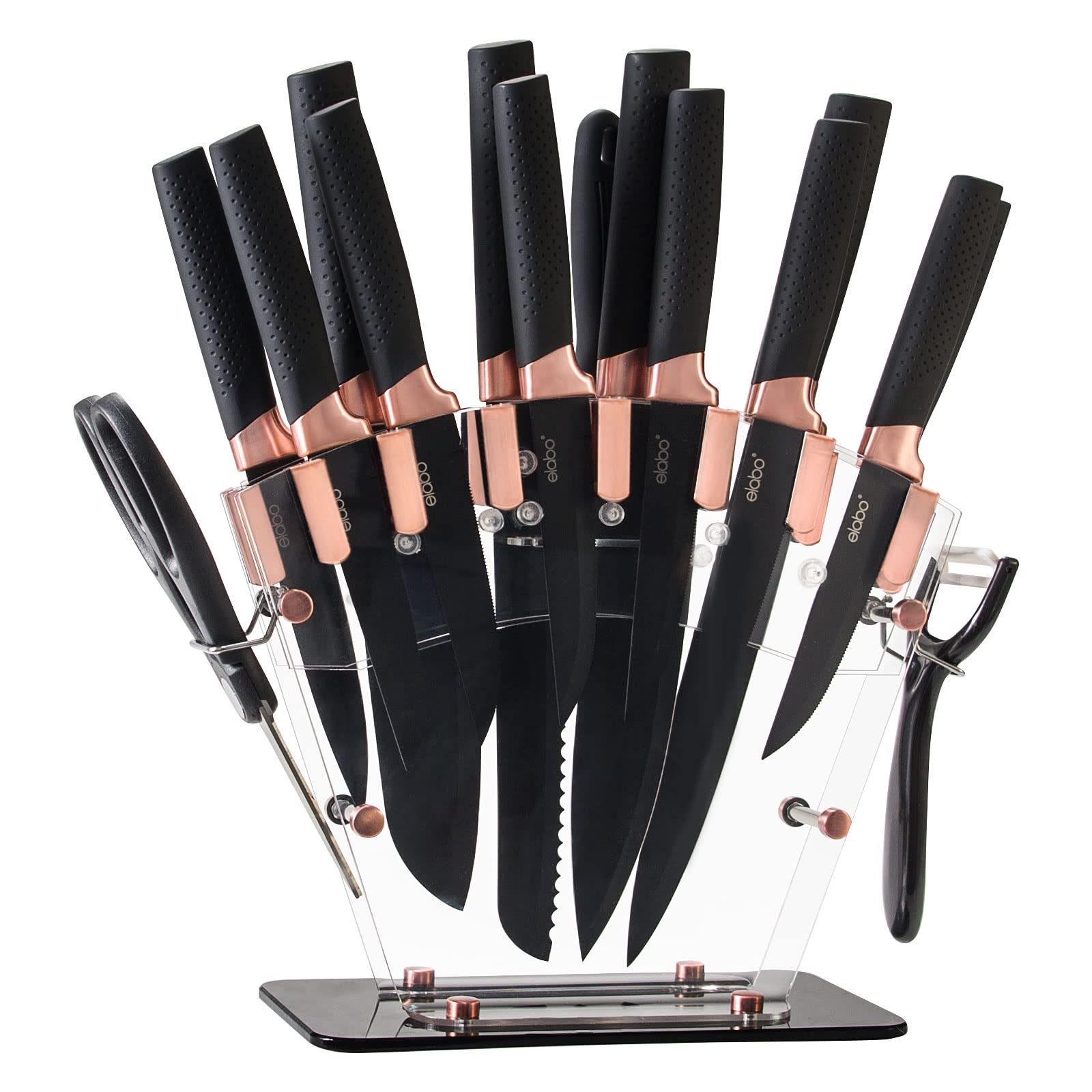 elabo Kitchen Knife Set with Acrylic Stand - 16Pcs Stainless Steel Knives, Rose Gold Handle Includes 6 Sharp Knives, 6 Serrated Steak Knives, Scissors, Peeler, Knife Sharpener with Block