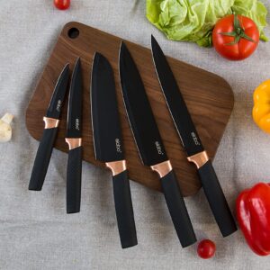 elabo Kitchen Knife Set with Acrylic Stand - 16Pcs Stainless Steel Knives, Rose Gold Handle Includes 6 Sharp Knives, 6 Serrated Steak Knives, Scissors, Peeler, Knife Sharpener with Block