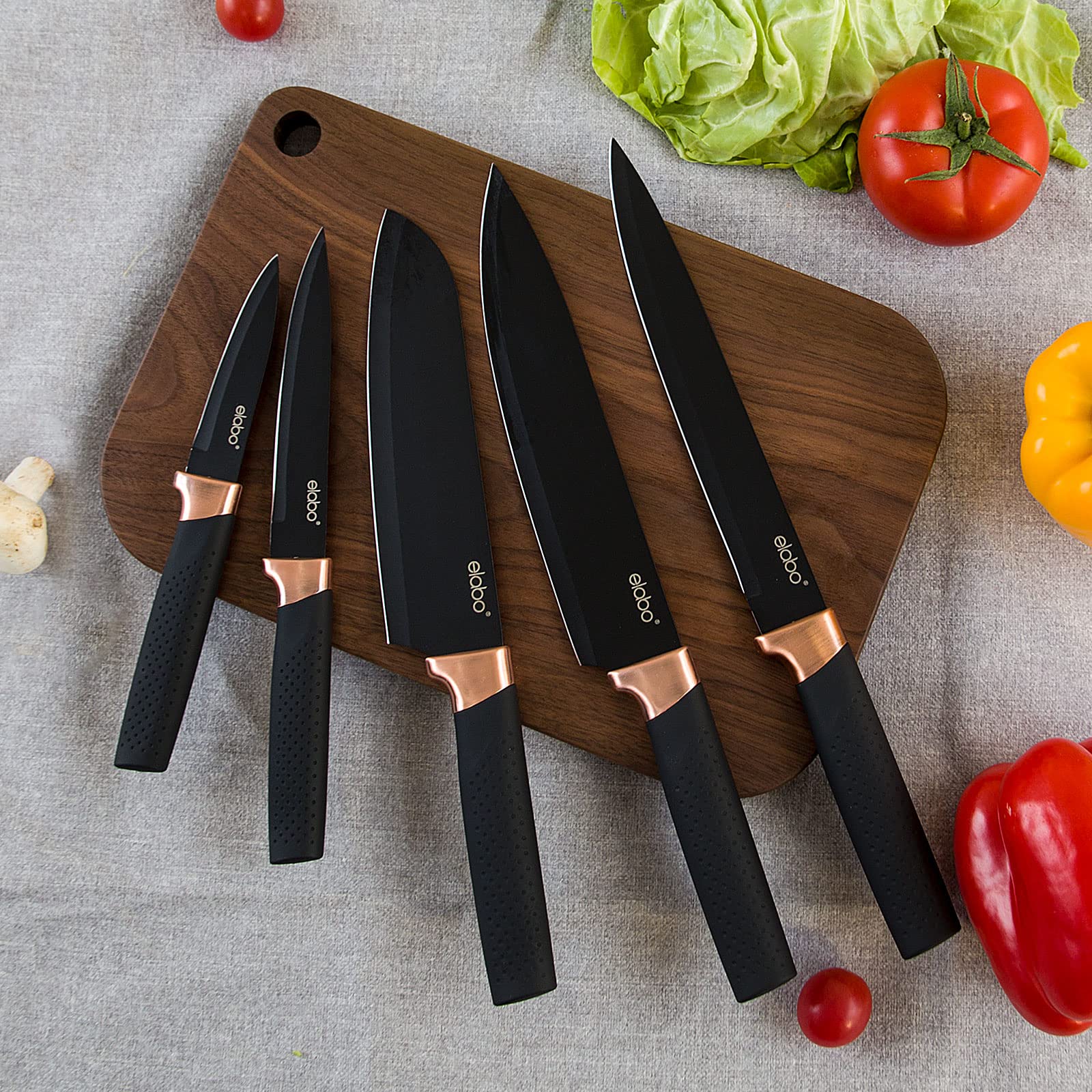 elabo Kitchen Knife Set with Acrylic Stand - 16Pcs Stainless Steel Knives, Rose Gold Handle Includes 6 Sharp Knives, 6 Serrated Steak Knives, Scissors, Peeler, Knife Sharpener with Block