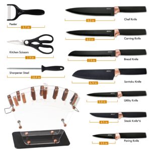 elabo Kitchen Knife Set with Acrylic Stand - 16Pcs Stainless Steel Knives, Rose Gold Handle Includes 6 Sharp Knives, 6 Serrated Steak Knives, Scissors, Peeler, Knife Sharpener with Block