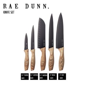 Rae Dunn Everyday Collection Set of 5 Stainless Steel Knives with Sheaths- Chef, Paring, Bread, Santoku Knives- (Black)