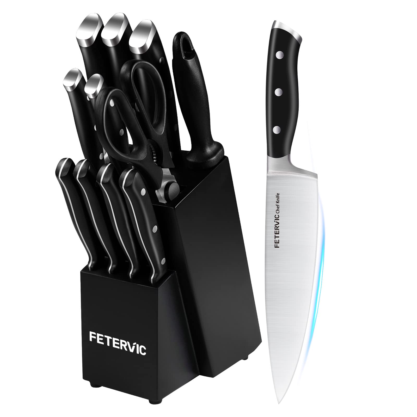 FETERVIC Knife Set with Block, 12-Piece Premium Kitchen Knife Set with Chef Knife, Sharpener and Serrated Steak Knives, Ultra Sharp German Stainless Steel Chef Knife Set