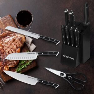 FETERVIC Knife Set with Block, 12-Piece Premium Kitchen Knife Set with Chef Knife, Sharpener and Serrated Steak Knives, Ultra Sharp German Stainless Steel Chef Knife Set