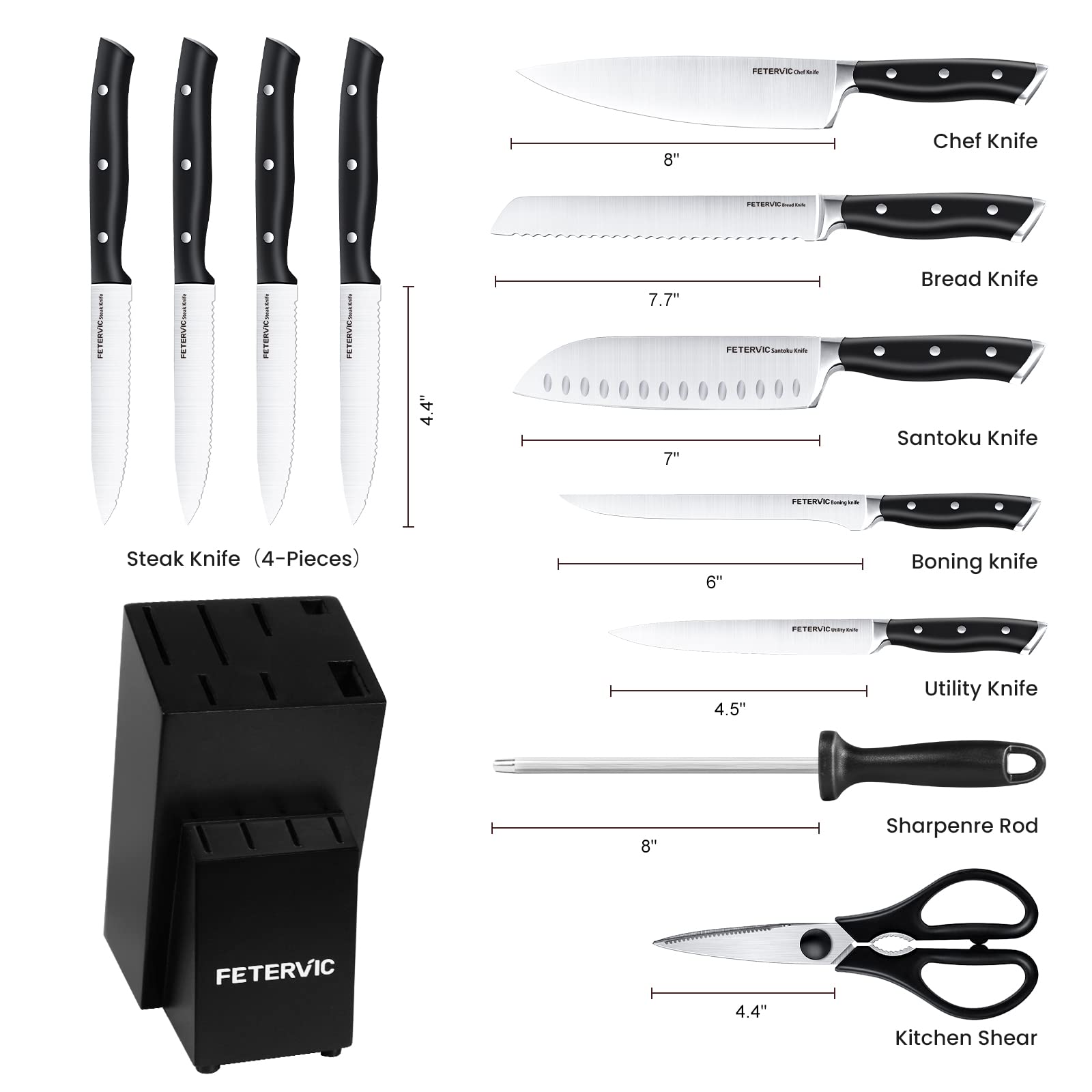 FETERVIC Knife Set with Block, 12-Piece Premium Kitchen Knife Set with Chef Knife, Sharpener and Serrated Steak Knives, Ultra Sharp German Stainless Steel Chef Knife Set