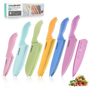 haushof kitchen knife set, 6-piece colorful knives set with sheaths for kitchen, non-stick coated stainless steel blades for slicing&cutting, gifts knife set for dad, mom, husband and wife