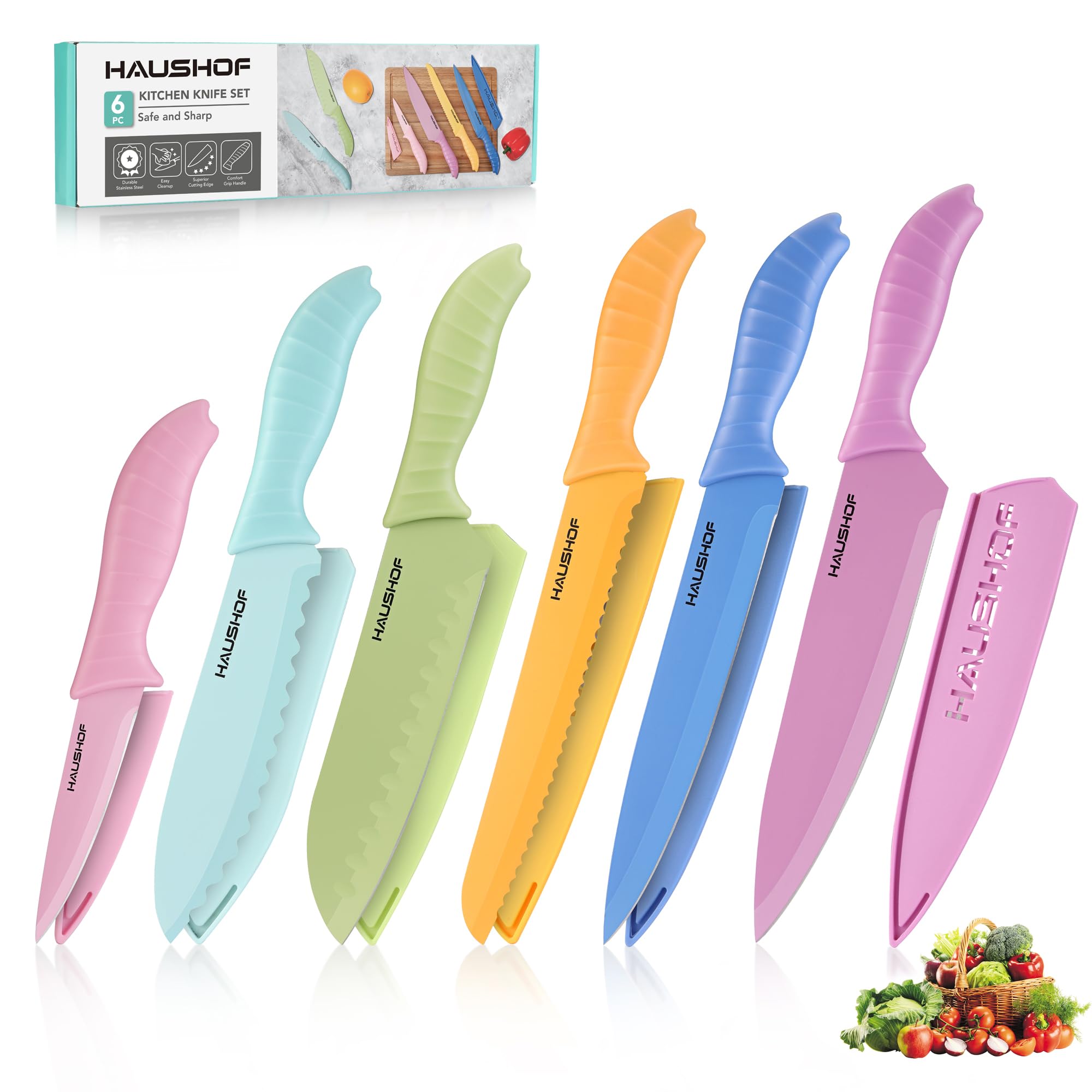 HAUSHOF Kitchen Knife Set, 6-Piece Colorful Knives Set with Sheaths for Kitchen, Non-Stick Coated Stainless Steel Blades for Slicing&Cutting, Gifts Knife Set for Dad, Mom, Husband and Wife