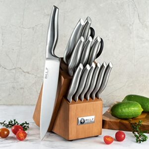 knife set with built-in sharpener block, kitchen knife set with block, 16 pcs high carbon stainless steel block knife set with self sharpening and 6 steak knives, kitchen shears,silicone tongs