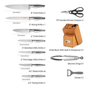 Knife Set with Built-in Sharpener Block, Kitchen Knife Set with Block, 16 Pcs High Carbon Stainless Steel Block Knife Set with Self Sharpening and 6 Steak Knives, Kitchen Shears,Silicone tongs