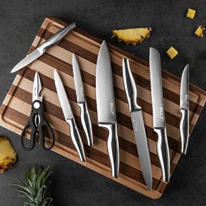 Knife Set with Built-in Sharpener Block, Kitchen Knife Set with Block, 16 Pcs High Carbon Stainless Steel Block Knife Set with Self Sharpening and 6 Steak Knives, Kitchen Shears,Silicone tongs