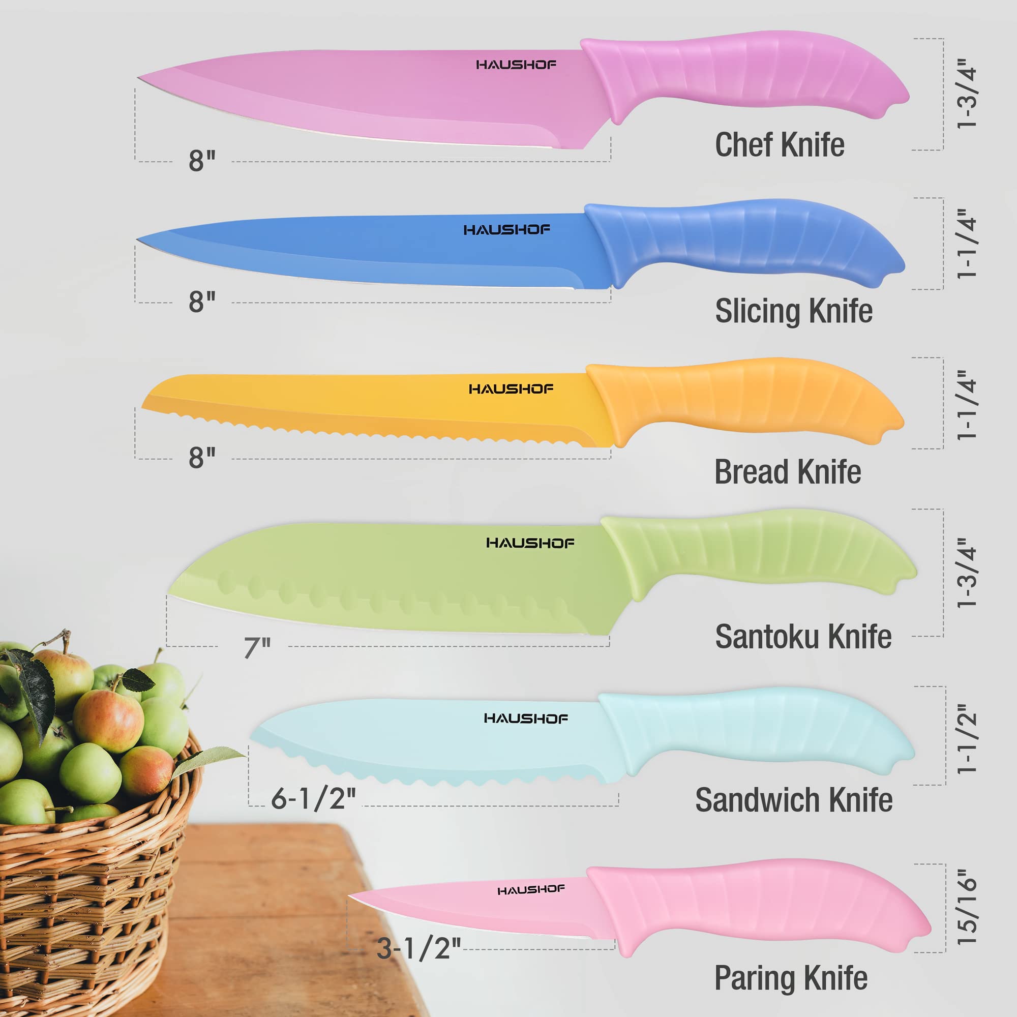 HAUSHOF Kitchen Knife Set, 6-Piece Colorful Knives Set with Sheaths for Kitchen, Non-Stick Coated Stainless Steel Blades for Slicing&Cutting, Gifts Knife Set for Dad, Mom, Husband and Wife