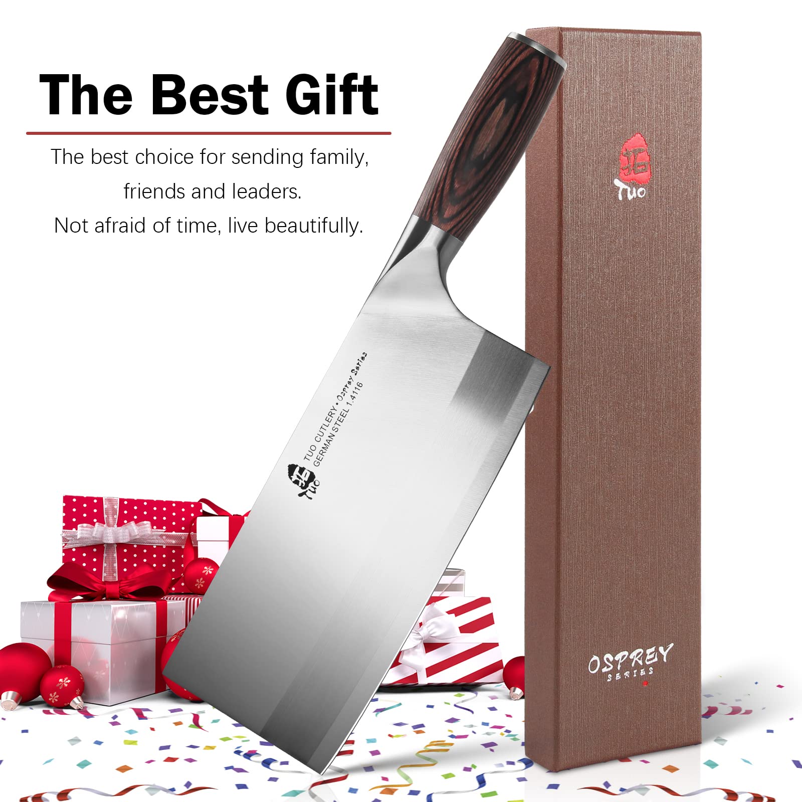 TUO Vegetable Meat Cleaver Knife 8 inch - Professional Chinese Cleaver Knife Butcher Knives Kitchen Chef Knives - German HC Stainless Steel - Ergonomic Pakkawood Handle - Osprey Series with Gift Box