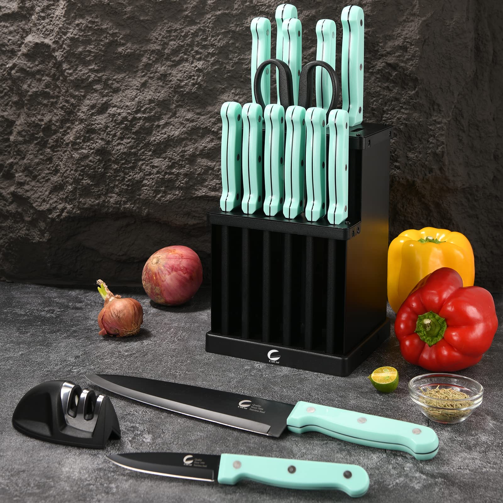 CuCut Knife Set, 16 Pieces Dishwasher Safe Kitchen Knives with Steel Block, German Stainless Steel Knife Block Set with Knife Sharpener