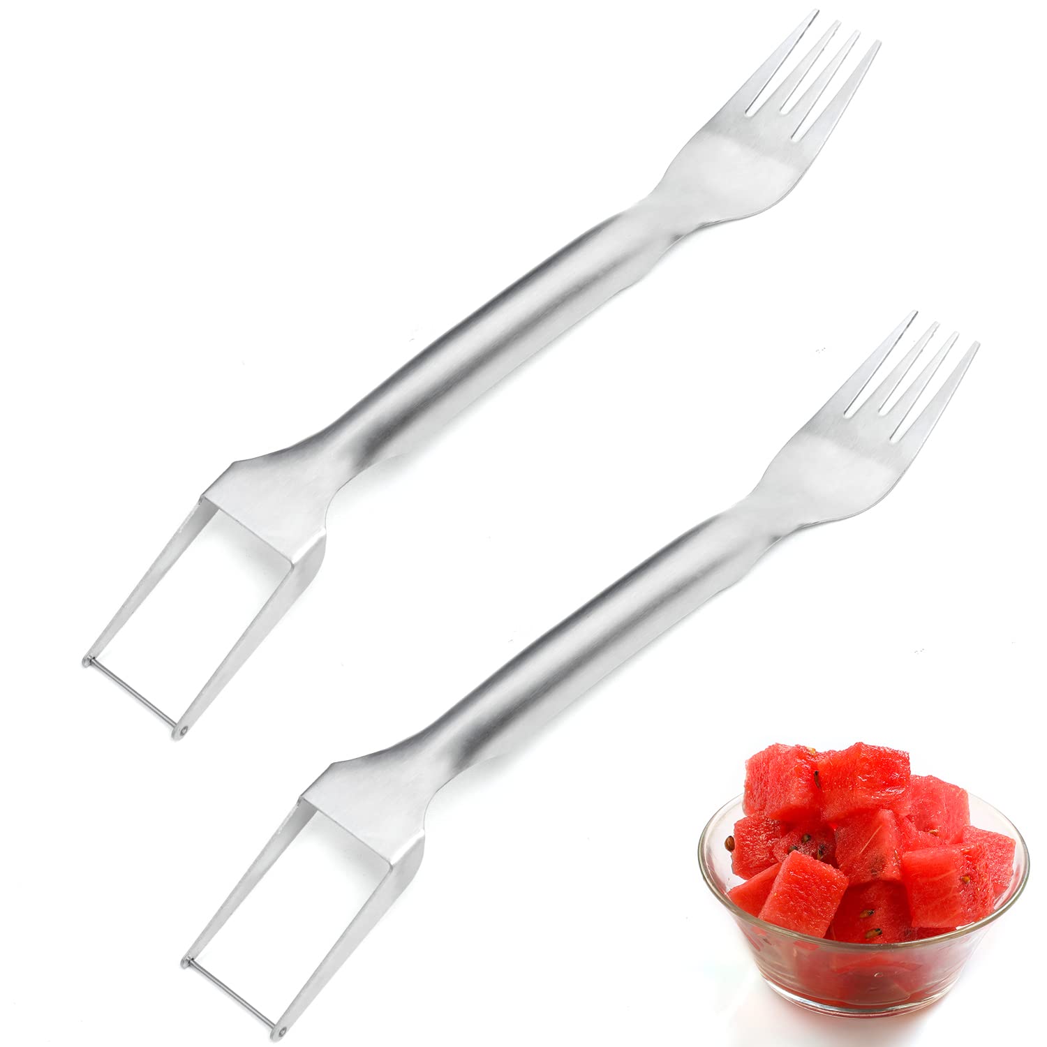 2PCS 2-in-1 Watermelon Fork Slicer, 2023 New Summer Watermelon Fruit Cutting Fork, Dual Head Stainless Steel Fruit Forks Slicer Knife for Family Parties Camping