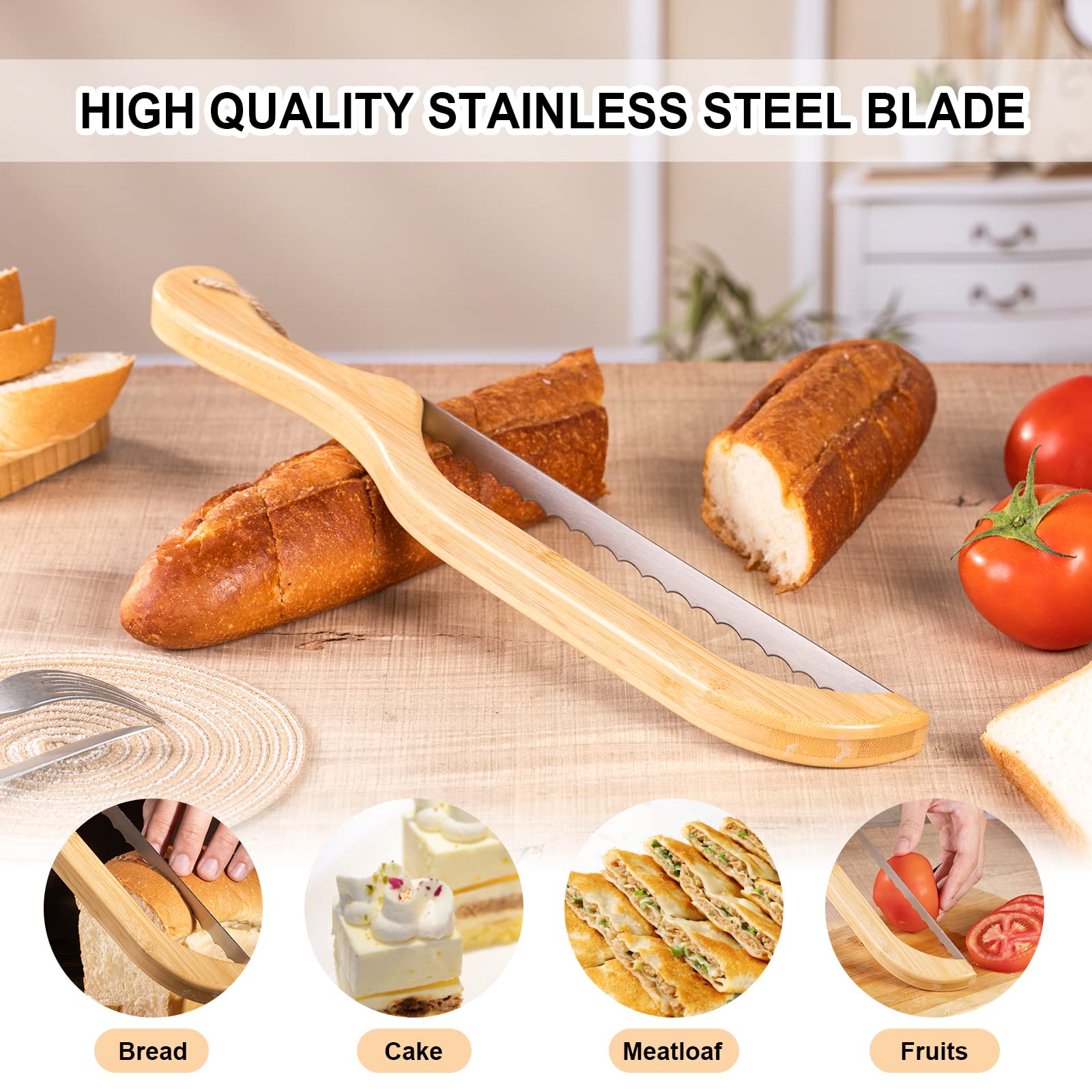 Recsrdce Bread Bow Knife， bread knife for homemade bread, sourdough bread knife，15.7" Serrated Bread Knife，Premium Stainless Steel,Used for slicing bread（Bamboo Handle - Right Handed）