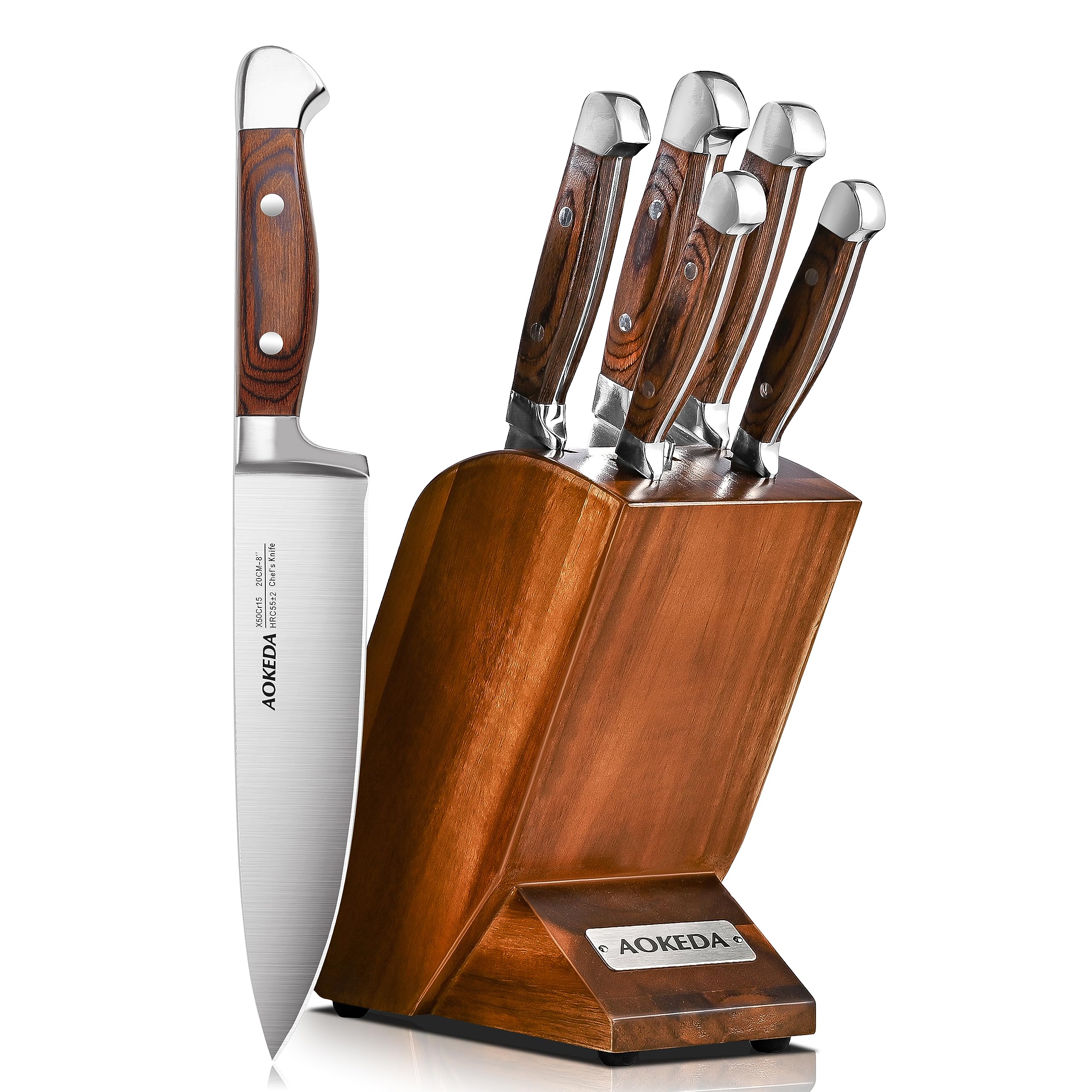 AOKEDA Knife Set for Kitchen with Block, Classic 6-Piece Sets, Pakkawood Handle, Balanced Dual-Bolster Design, High Carbon Stainless Steel Knives