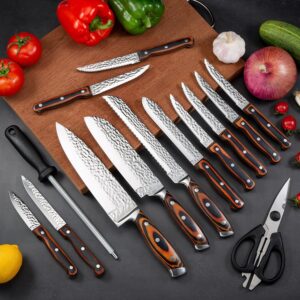 Kitchen Knife Sets with Block, 15-Piece High Carbon Stainless Steel Knife Block Set with Sharpener, Ultra-Sharp kitchen knives with Triple Rivet Wood Handle Perfect for Cooking Cut