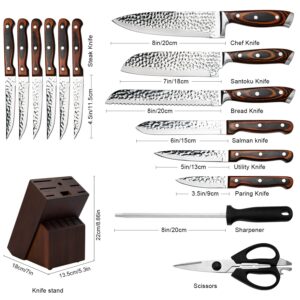 Kitchen Knife Sets with Block, 15-Piece High Carbon Stainless Steel Knife Block Set with Sharpener, Ultra-Sharp kitchen knives with Triple Rivet Wood Handle Perfect for Cooking Cut