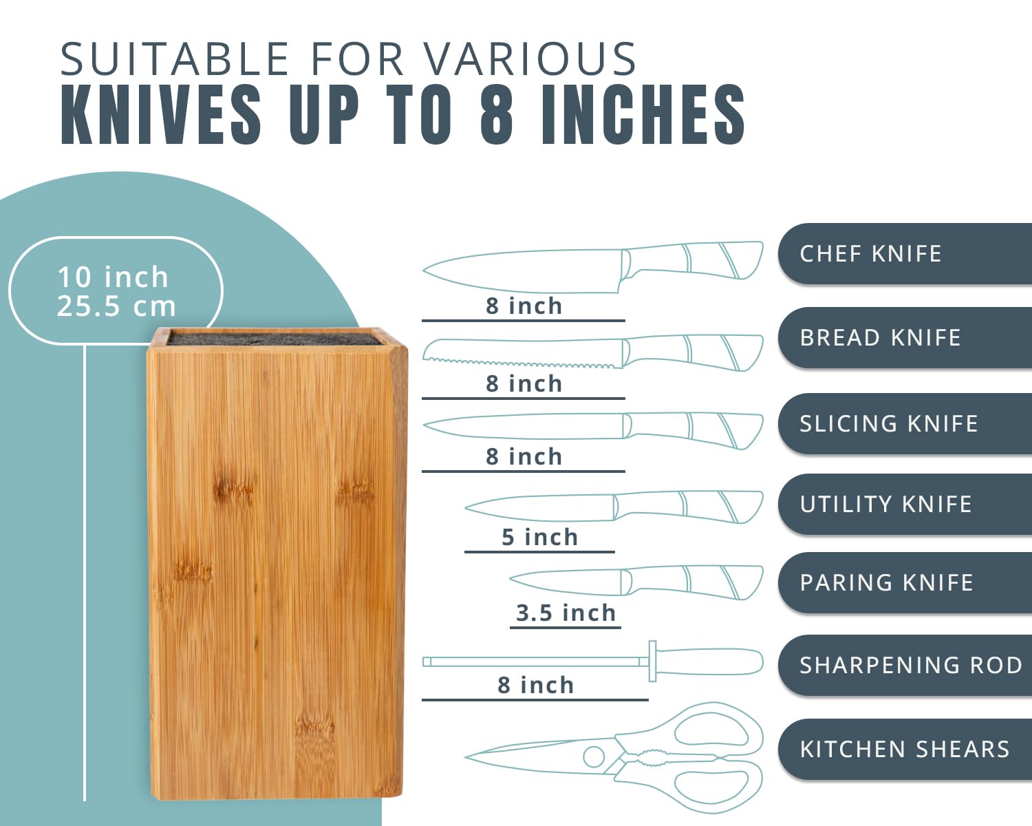 XL Large Universal Knife Block without Knives - Bamboo Countertop Knife Holder w/Removable Bristles - Convenient & Versatile for Any Knife Size