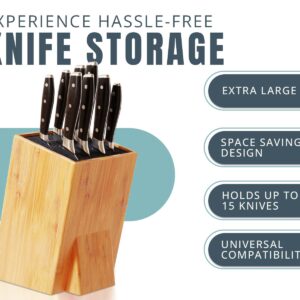 XL Large Universal Knife Block without Knives - Bamboo Countertop Knife Holder w/Removable Bristles - Convenient & Versatile for Any Knife Size