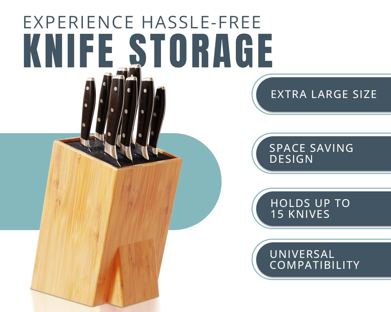 XL Large Universal Knife Block without Knives - Bamboo Countertop Knife Holder w/Removable Bristles - Convenient & Versatile for Any Knife Size