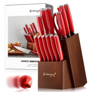 knife set, emojoy 15 piece kitchen knife set with block wooden, german stainless steel sharp chef knife set with sharpener, dishwasher safe and rust proof (kitchen knife set red)