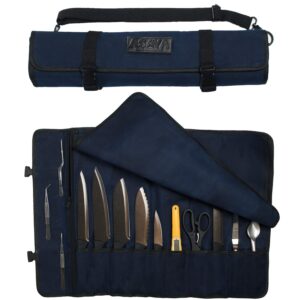 asaya canvas chef knife roll bag - 10 knife slots and a large zipper pocket - durable 10oz canvas knife case with an adjustable shoulder strap - knives not included