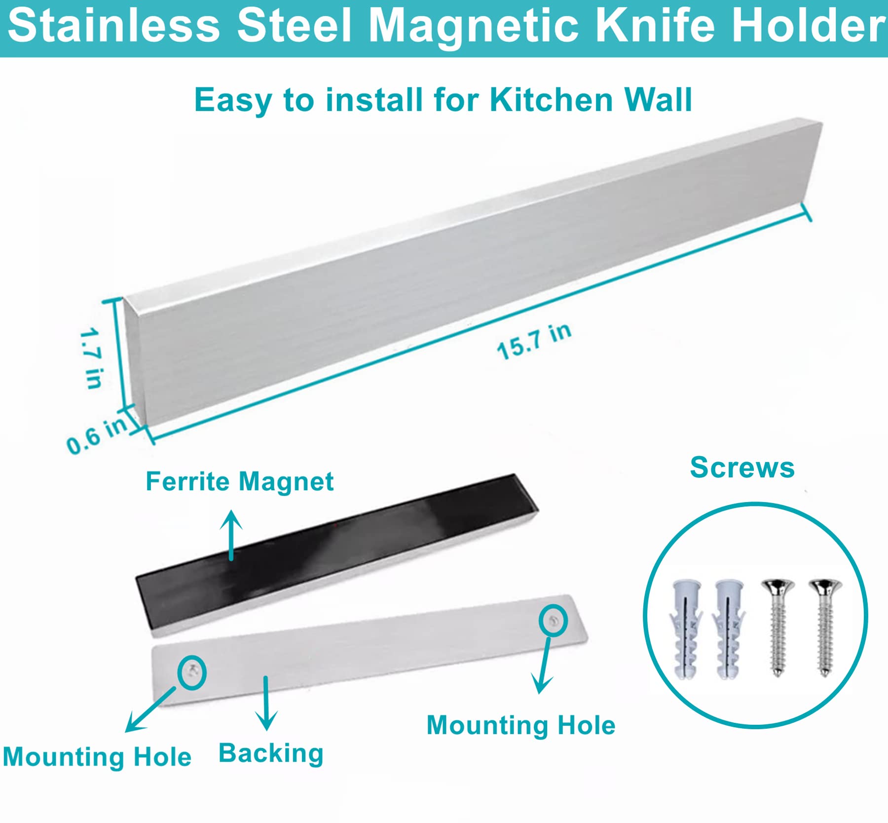 Magnetic Knife Holder for Wall 16 Inch Knife Magnetic Strip Refrigerator Knife Magnet Bar Wall Mount Knife Rack for RV Kitchen Utensil Holder Metal Tool Holder Knife Block for Kitchen Organization
