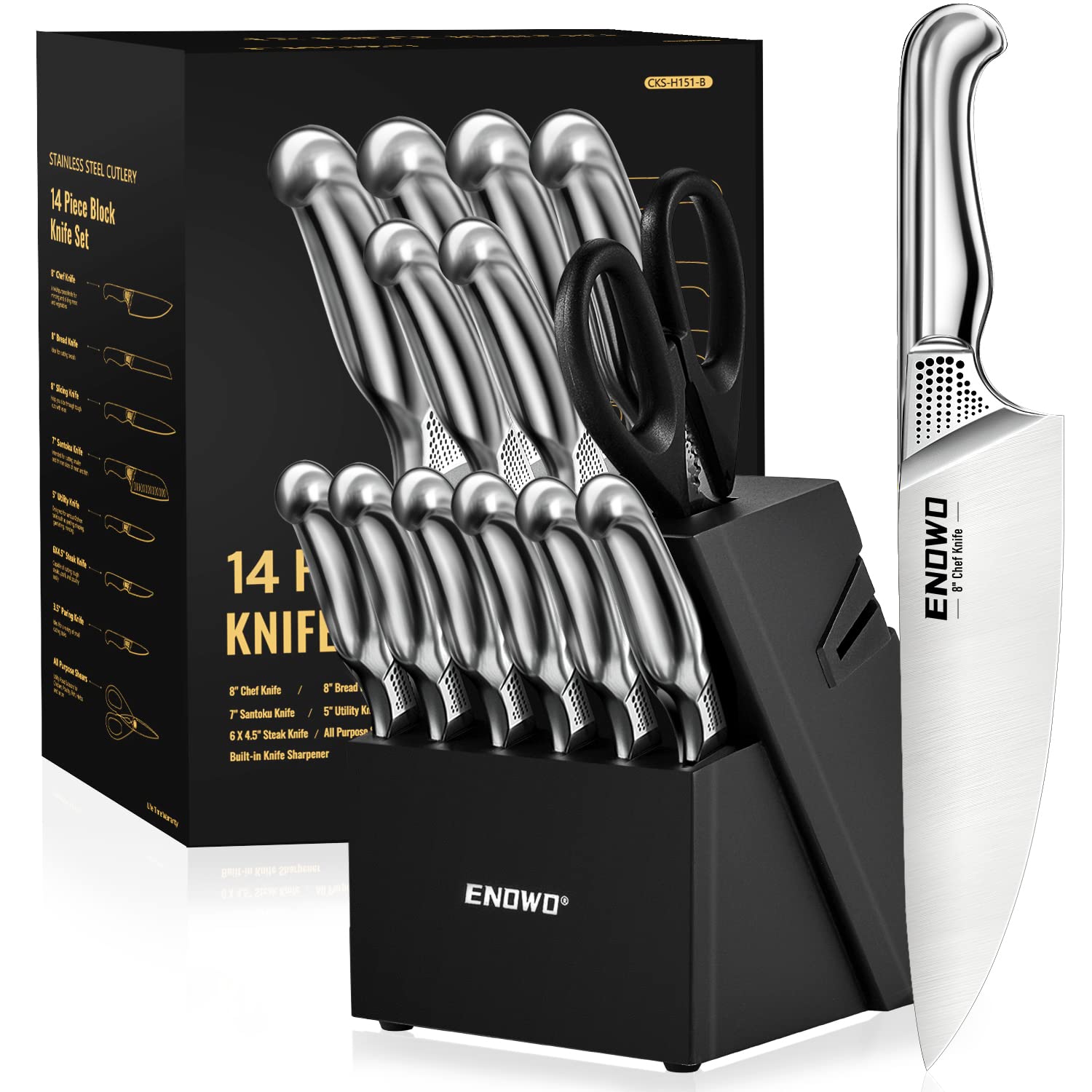 enowo Kitchen Knife Set with Block, 14 Pieces German Stainless Steel Knife Block Set, Hollow Handle Chef Knife Set Built-in Sharpeners Right