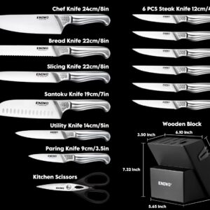 enowo Kitchen Knife Set with Block, 14 Pieces German Stainless Steel Knife Block Set, Hollow Handle Chef Knife Set Built-in Sharpeners Right