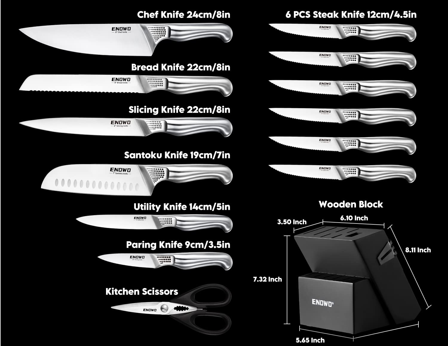 enowo Kitchen Knife Set with Block, 14 Pieces German Stainless Steel Knife Block Set, Hollow Handle Chef Knife Set Built-in Sharpeners Right