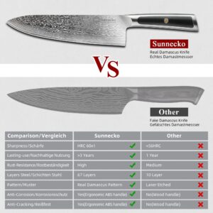 Sunnecko Chef Knife 8 Inch, Damascus Kitchen Knife Japanese Chefs Knife Vg10 High Carbon Stainless Steel