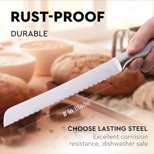 Zulay Kitchen Serrated Bread Knife - Ultra Sharp Stainless Steel Bread Knife for Homemade Bread, Cakes & Bagels - Razor Sharp Wavy Edge Bread Cutter & Slicer - 8-Inch Blade with 5-Inch Handle