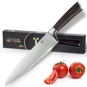 tico ultra sharp 8 inch chef's knife - german carbon steel blade, ergonomic pakka wood handle - professional kitchen knife for chopping, cutting, thinly slicing meats & vegetables