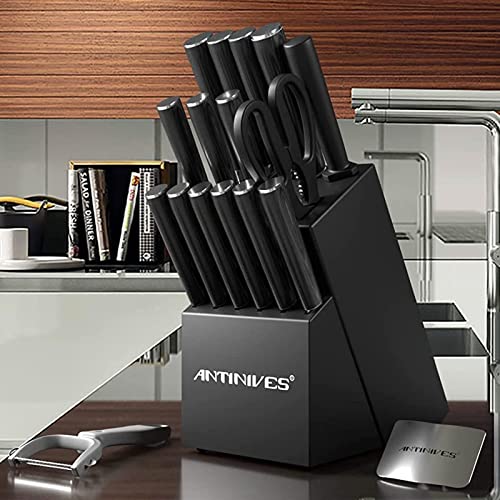 Knife Set, 18Pcs Black Knife Block Sets, German Stainless Steel Knife Sets for Kitchen with Block, Kitchen Knives for Chopping, Slicing, Dicing & Cutting