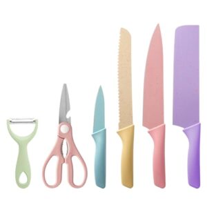 colorful kitchen knife set 6 pcs, colored knives set with non-stick coating, chef boxed knives set for cooking, camping, travel, picnic, bbq and rv