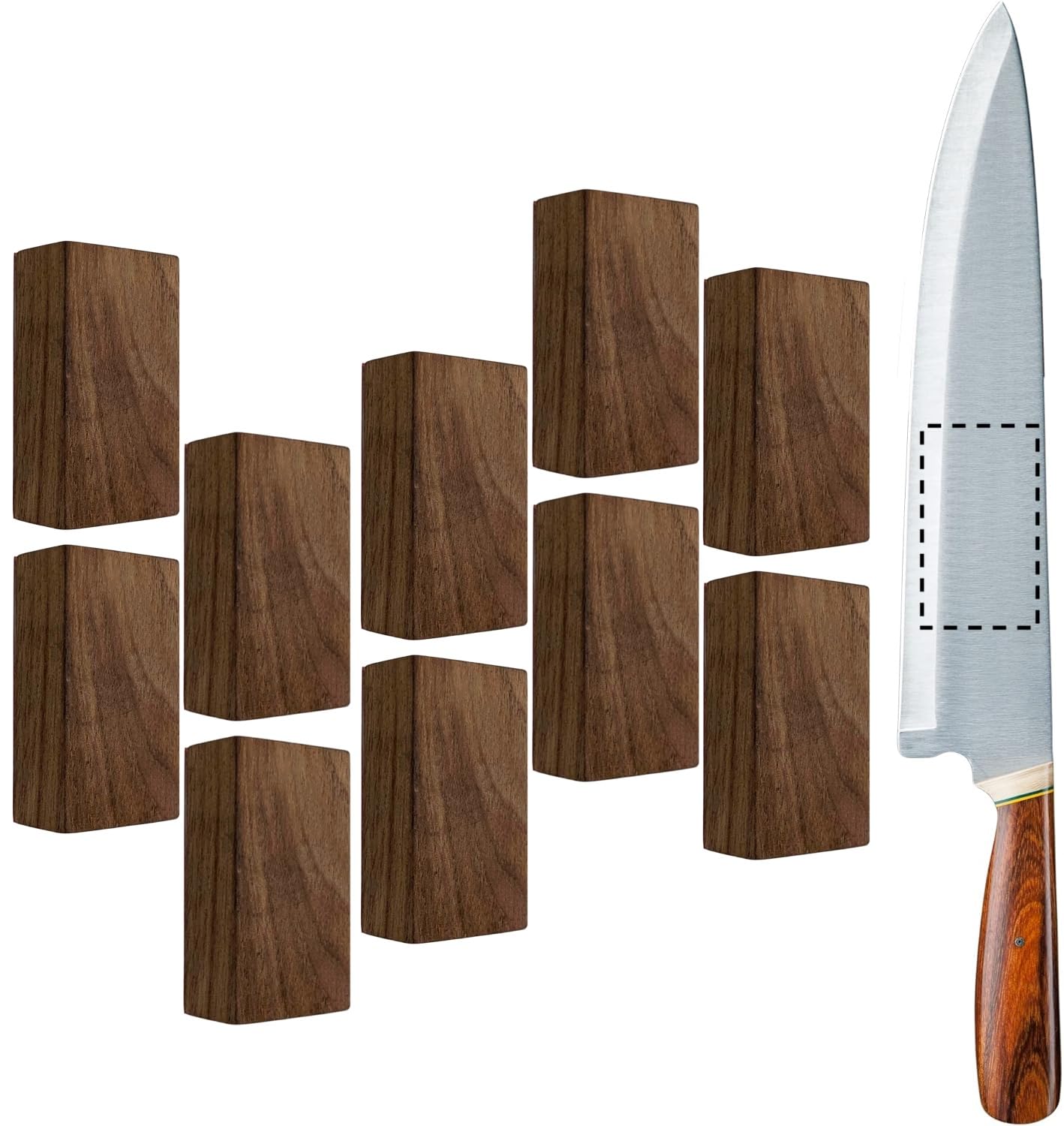 Magnetic Knife Holder For Wall - STRONG Neodymium Magnets & 3M Adhesive Strip (No Drilling!) 2" x 1.2" Wooden Walnut Block Kitchen Tools Cutlery Utensils Holder Rack Mount Bar Set (5)