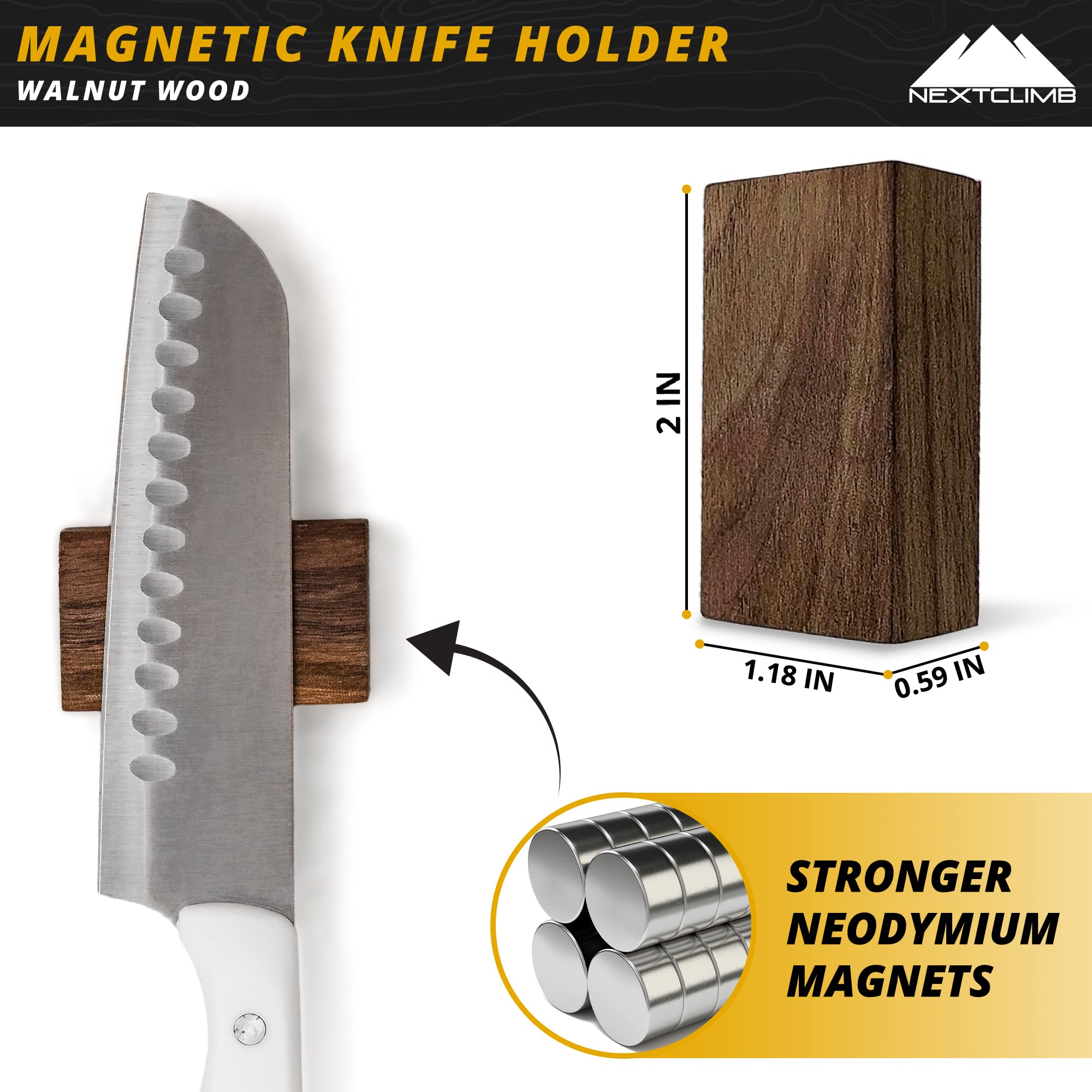 Magnetic Knife Holder For Wall - STRONG Neodymium Magnets & 3M Adhesive Strip (No Drilling!) 2" x 1.2" Wooden Walnut Block Kitchen Tools Cutlery Utensils Holder Rack Mount Bar Set (5)