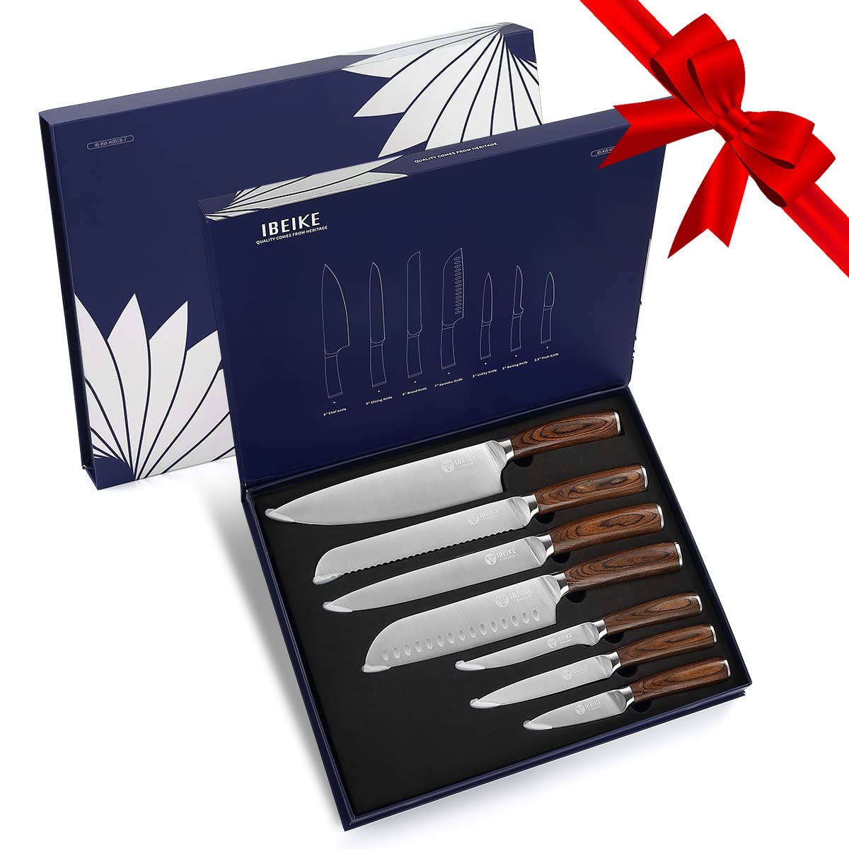 IBEIKE 7-Piece Kitchen Knife Set, Professional Japanese Kitchen Knives, High Carbon Stainless Steel Sharp Blades with Well Balanced and Ergonomic Wood Handle for Chef Knife Set