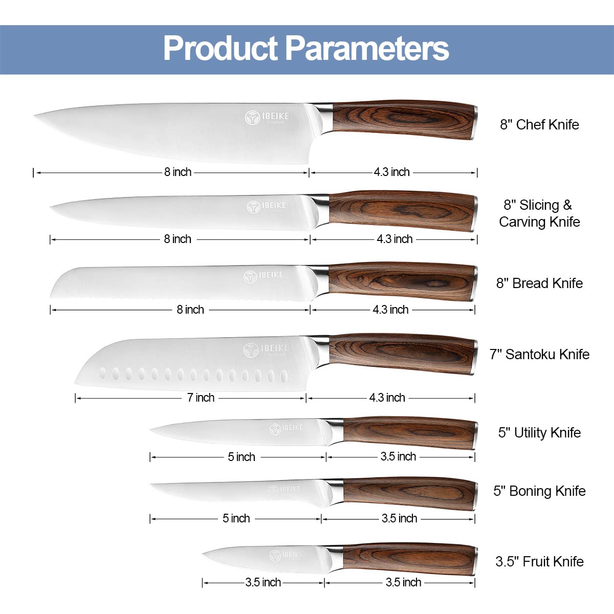 IBEIKE 7-Piece Kitchen Knife Set, Professional Japanese Kitchen Knives, High Carbon Stainless Steel Sharp Blades with Well Balanced and Ergonomic Wood Handle for Chef Knife Set