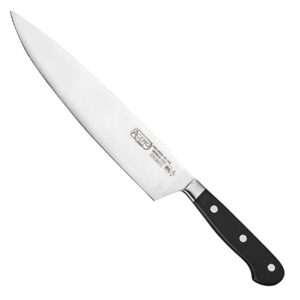winco kfp-104, 10″ acero chef’s knife with short bolster, cook's knife with black handle, triple riveted one piece full tang professional chefs knife