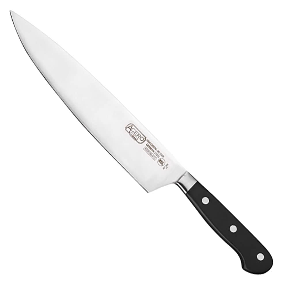 Winco KFP-104, 10″ Acero Chef’s Knife with Short Bolster, Cook's Knife with Black Handle, Triple Riveted One Piece Full Tang Professional Chefs Knife