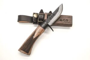 masano tosa forged damascus mini knife bip-811 sword-shaped blade double edge blue 2 damascus steel black hammer black guard wood handle(oil stained) wood case(oil stained) with band bushcraft
